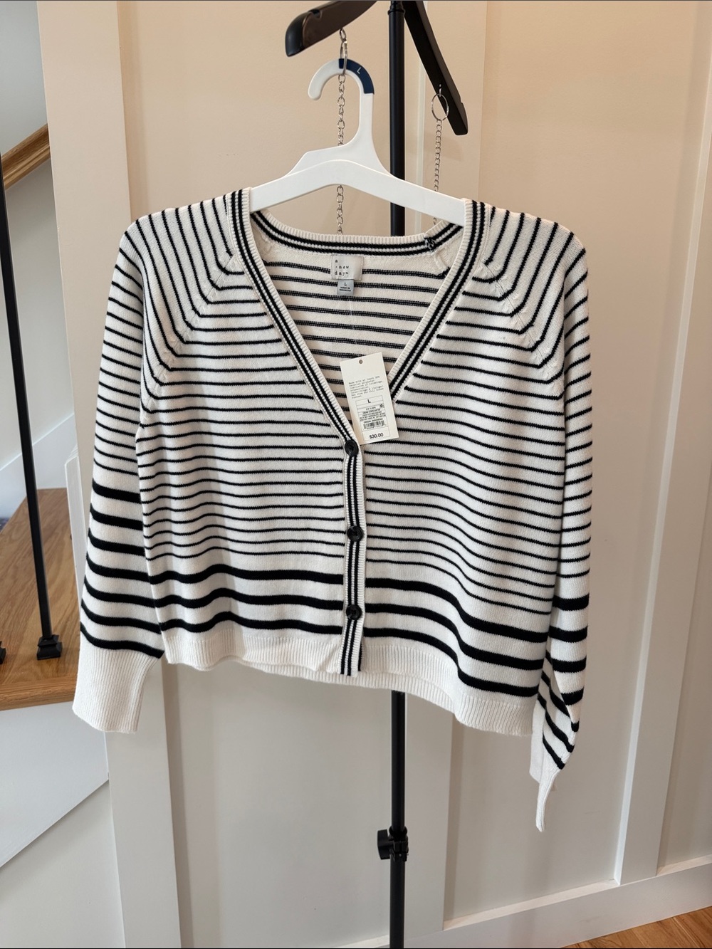 a new day Black and White Striped V-Neck Button Cardigan